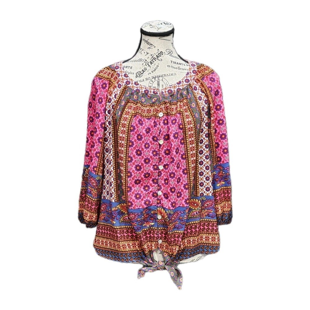 Figueroa & Flower Top Womens Petite L Floral Balloon‎ Sleeve Boho Chic Patchwork